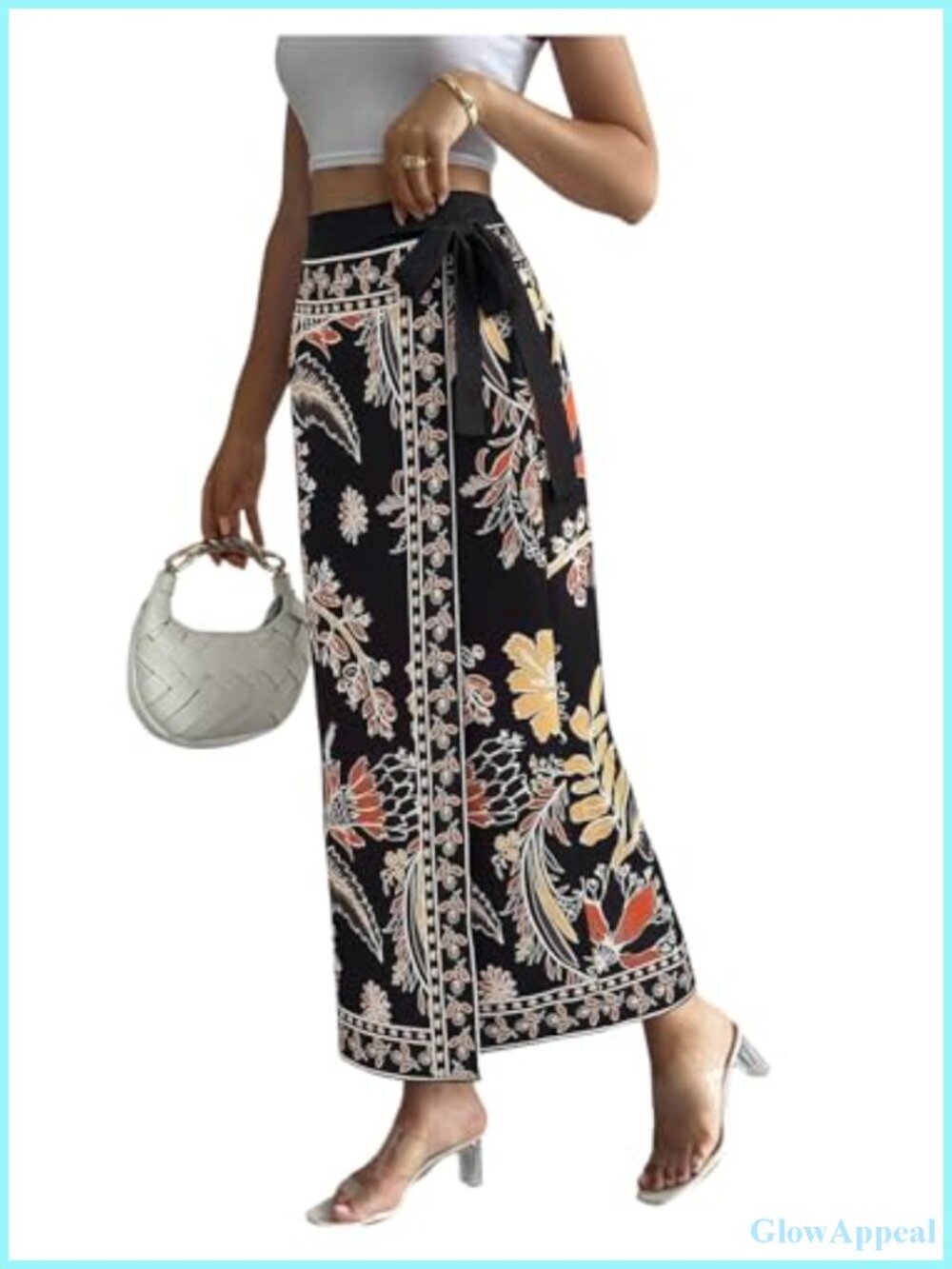 Wrap High Waisted Floral Maxi Skirt Knot Side Full Skirt Casual